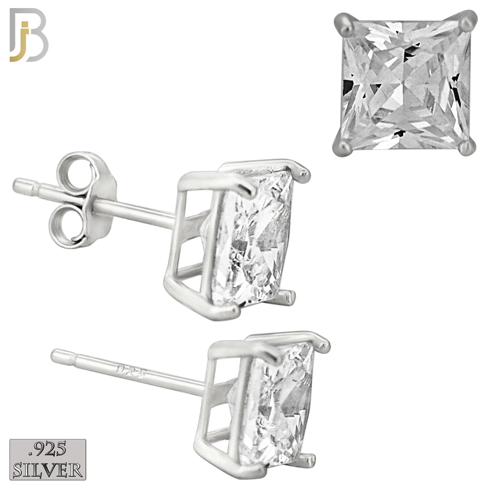 925-ES72-SC - .925 Sterling Silver Rhodium Plated Earring Stud Casting Square Princess Cut Prong Setting Clear Zircon image 6