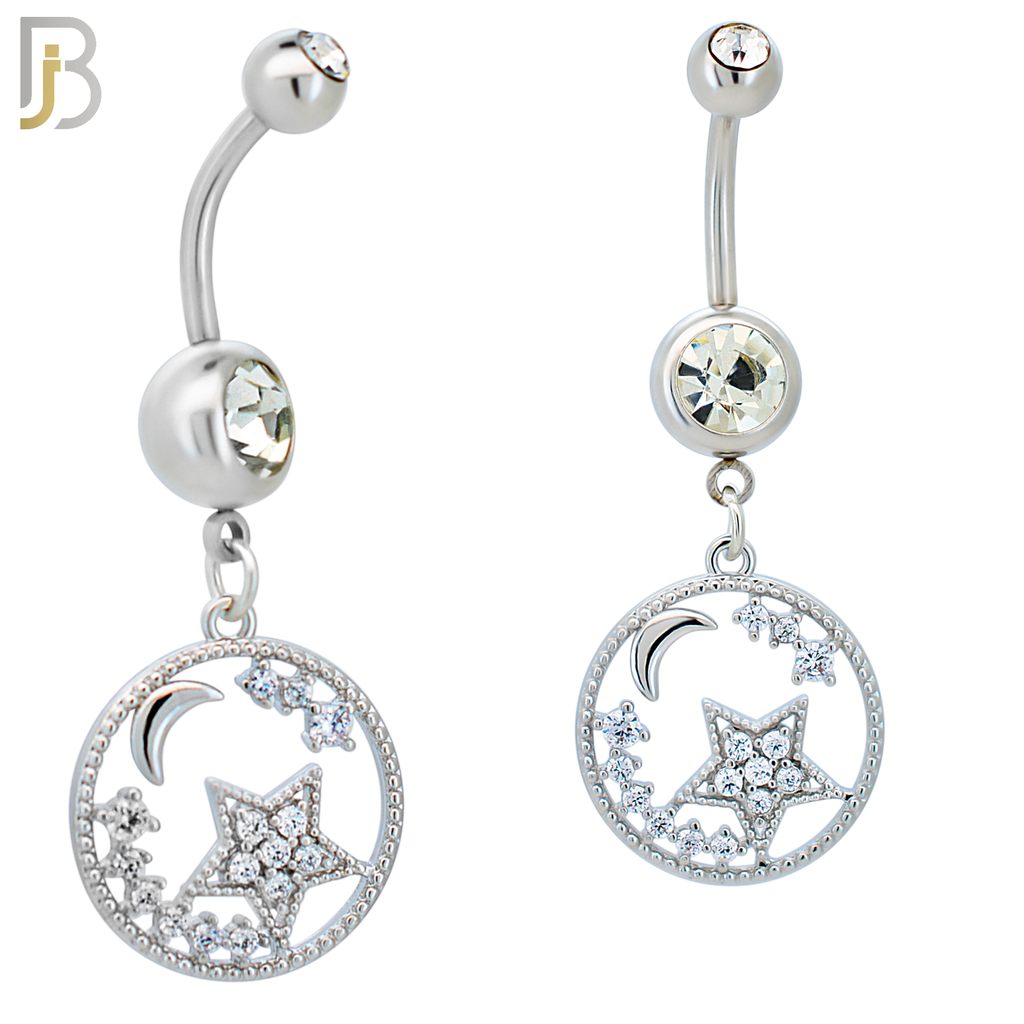 N0119 - 316L Stainless Steel Dangling Star and Moon in Hollow Ring with Multi Zircon Belly Ring image 0