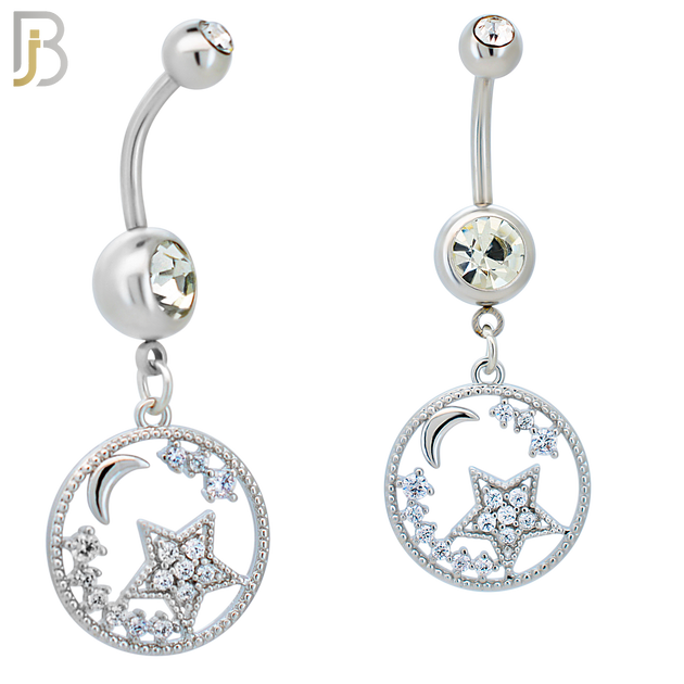 N0119 - 316L Stainless Steel Dangling Star and Moon in Hollow Ring with Multi Zircon Belly Ring image 0