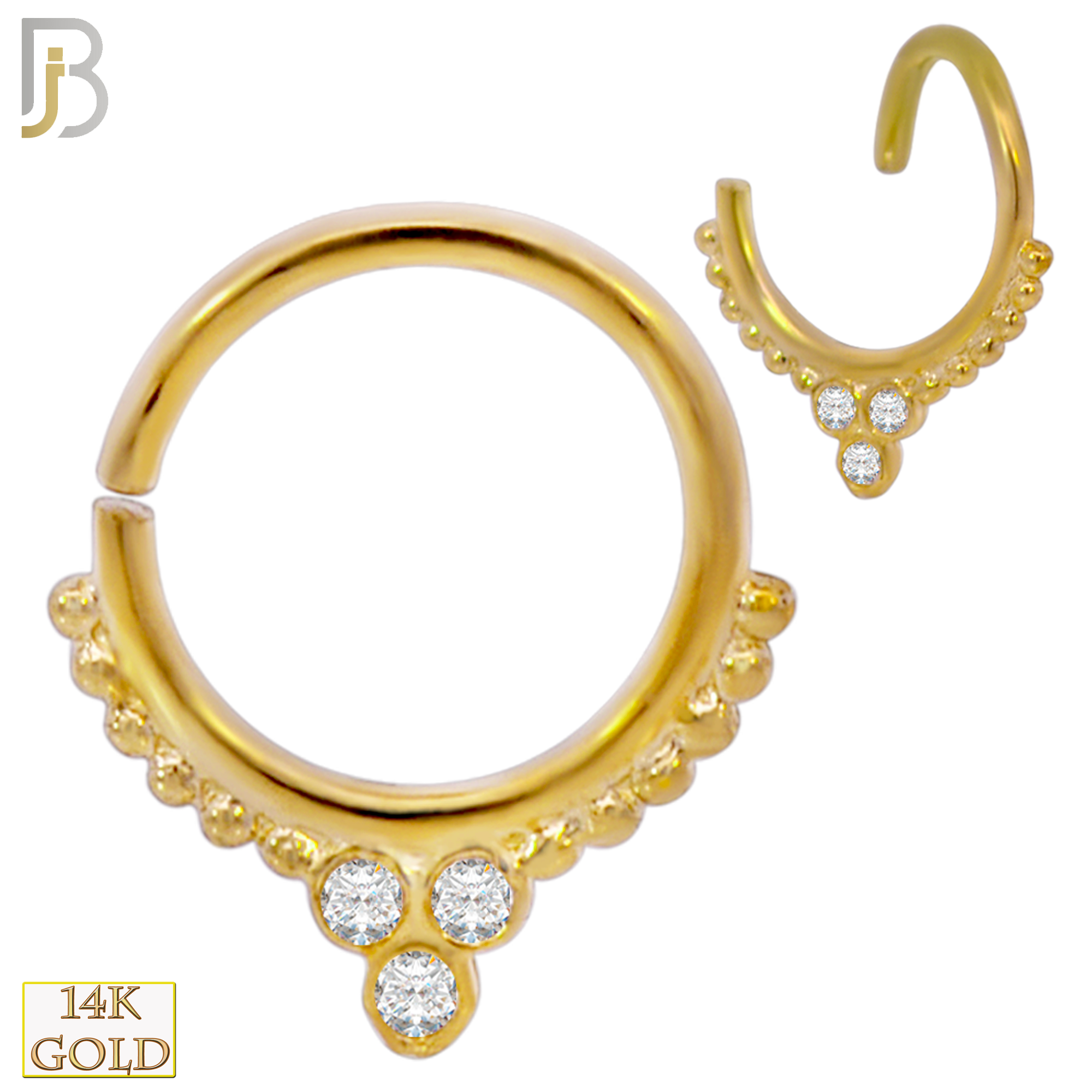 14-TH56 - 14k Yellow Gold 18g Thickness Beaded Design with Zircon Twist to Open Hoops - Yellow Gold image