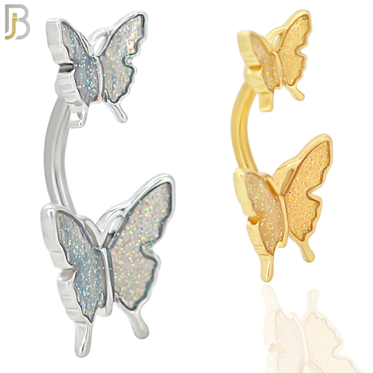 NB61 - 316L Stainless Steel Double Butterfly Banana Belly Ring with Aurora Borealis image 0