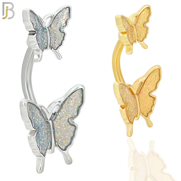 NB61 - 316L Stainless Steel Double Butterfly Banana Belly Ring with Aurora Borealis image 0