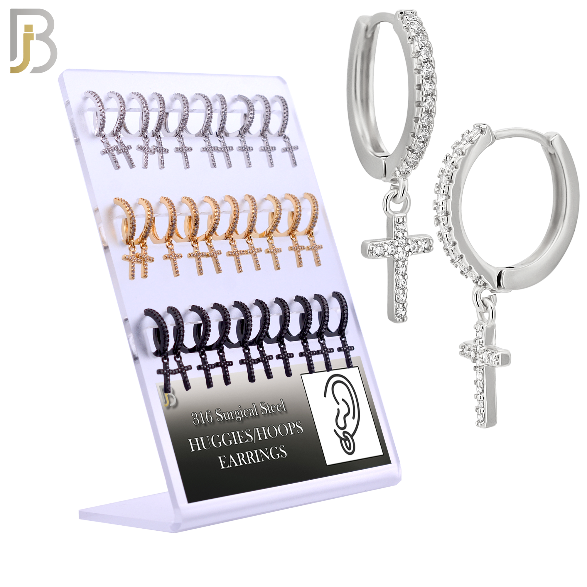 PK-ES36M - 316L Stainless Steel Dangling Cross Zircon Design Huggies Clip On - Pack of 15 Pairs image 0