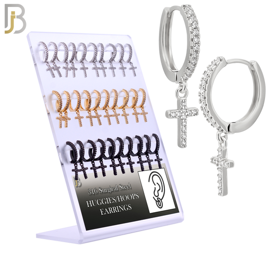 PK-ES36M - 316L Stainless Steel Dangling Cross Zircon Design Huggies Clip On - Pack of 15 Pairs image 0