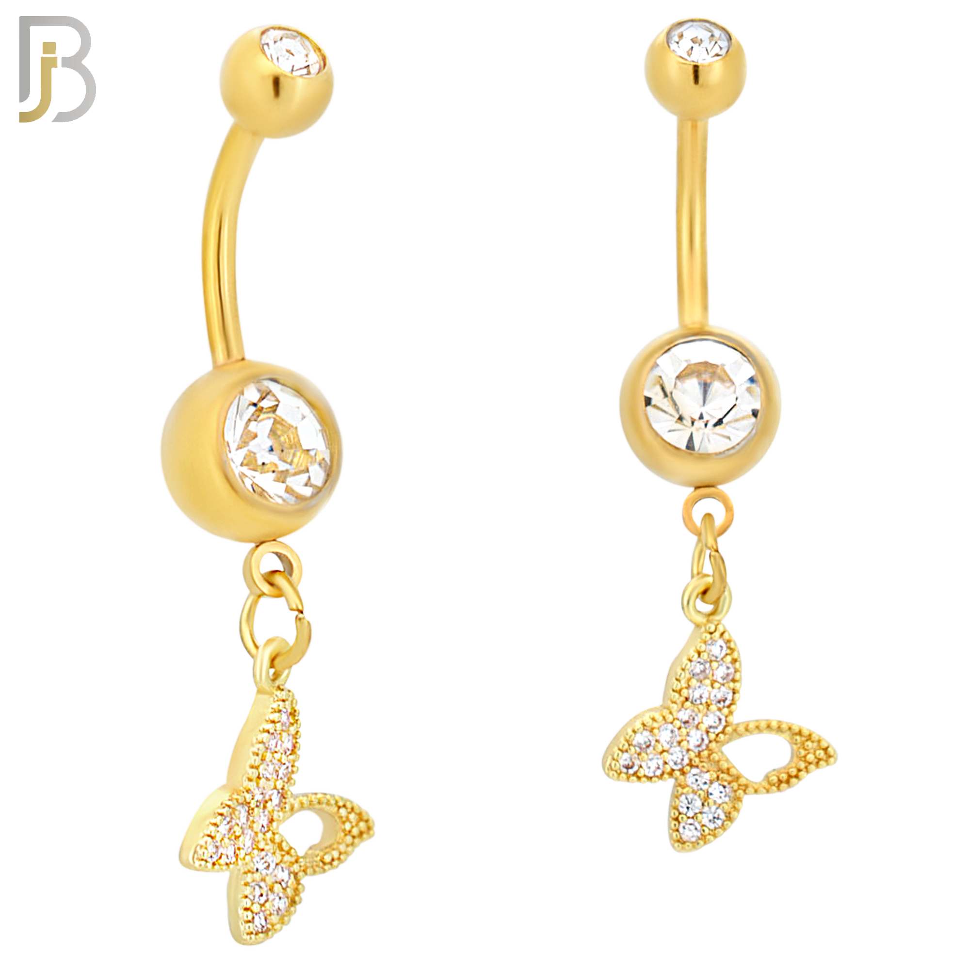 N0106  - 316L Stainless Steel Round Zircon In Bezel Setting with Dangling Butterfly with Zircon Belly Ring image 1