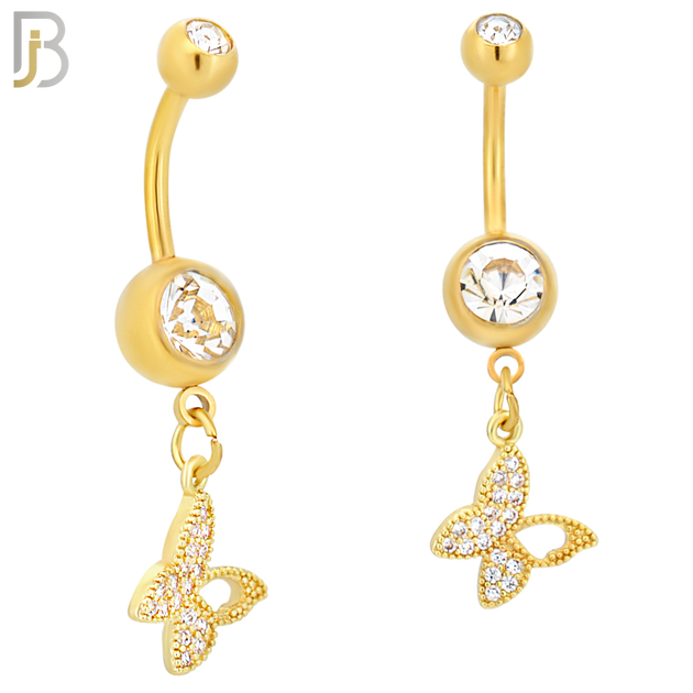N0106  - 316L Stainless Steel Round Zircon In Bezel Setting with Dangling Butterfly with Zircon Belly Ring image 1
