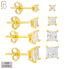 925-ES72-GC - .925 Sterling Silver Gold Plated Earring Stud Casting Square Princess Cut Prong Setting Clear Zircon image 0