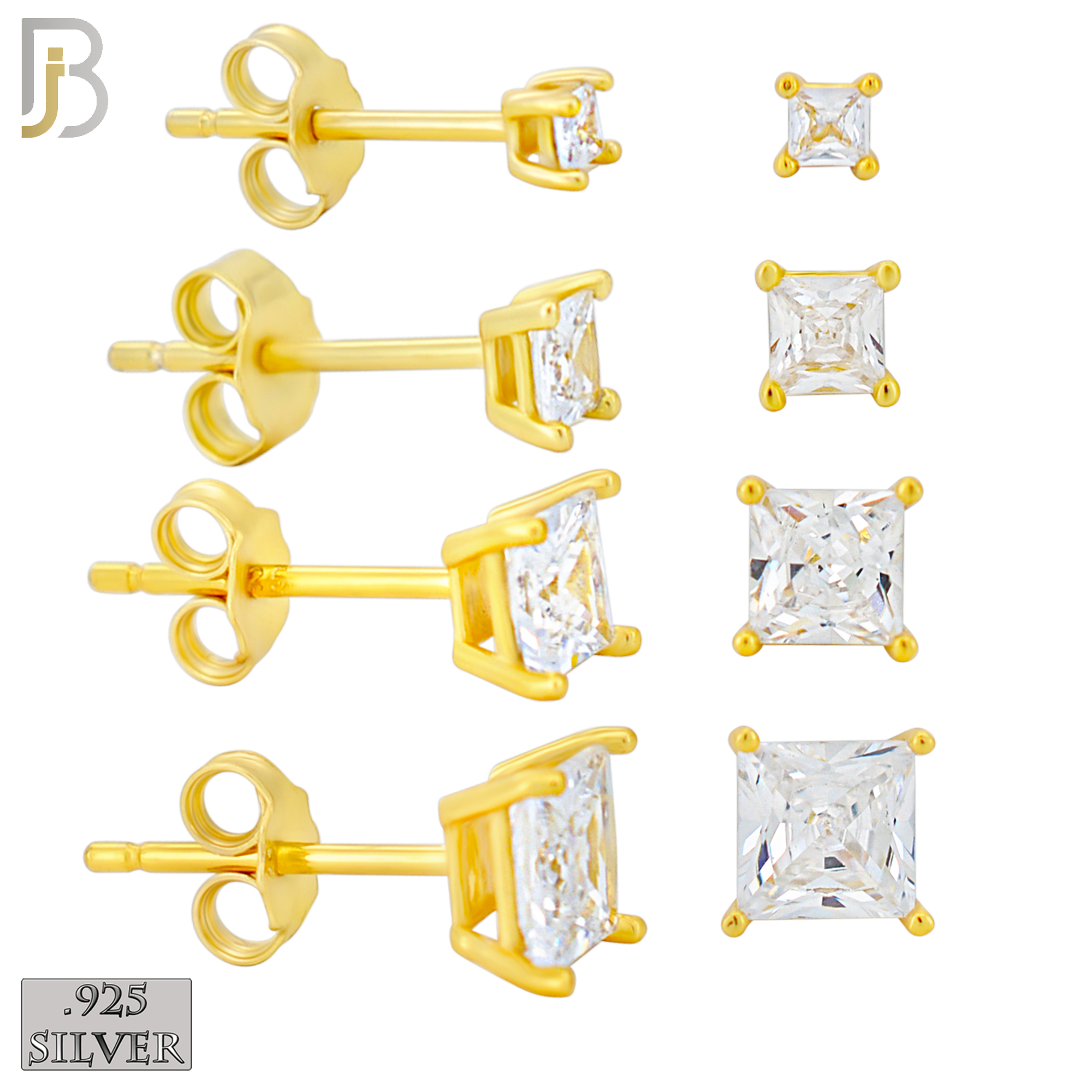925-ES72-GC - .925 Sterling Silver Gold Plated Earring Stud Casting Square Princess Cut Prong Setting Clear Zircon image 0