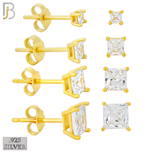 925-ES72-GC - .925 Sterling Silver Gold Plated Earring Stud Casting Square Princess Cut Prong Setting Clear Zircon image 0