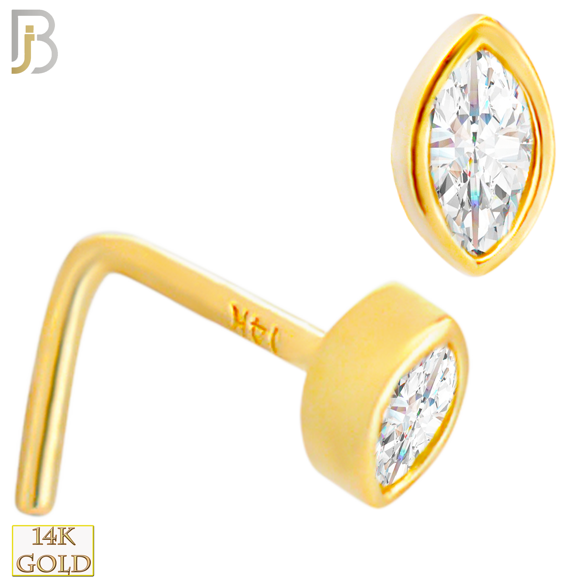 14-NR107L- 14k Solid Gold Marquise Shaped CZ in Bezel Set LShaped Nose Ring image 0