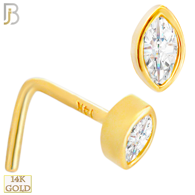 14-NR107L- 14k Solid Gold Marquise Shaped CZ in Bezel Set LShaped Nose Ring image 0