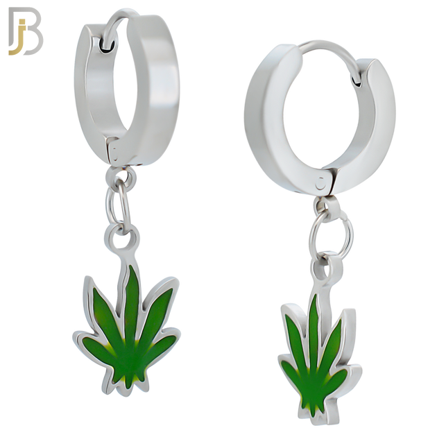 ES87 - 316L Stainless Steel Dangling Leaf Design Huggies Clip On image 1