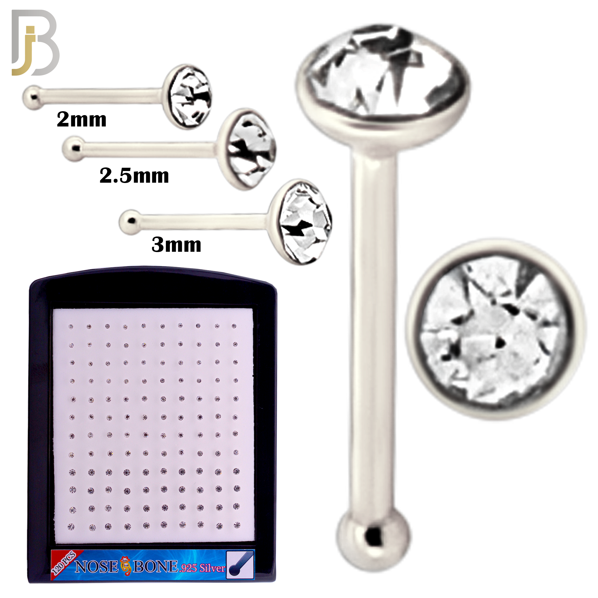 925-PK-NR04S-3C2 - Mixed of 2mm, 2.5mm, 3mm Clear CZ 22g Thickness 925 Sterling Silver Nose Bones Press Fit, Packages Pack of 120 image 1