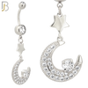 N0143 - 316L Surgical Steel Dangling Crescent Moon with Multi CZ Belly Ring image 2