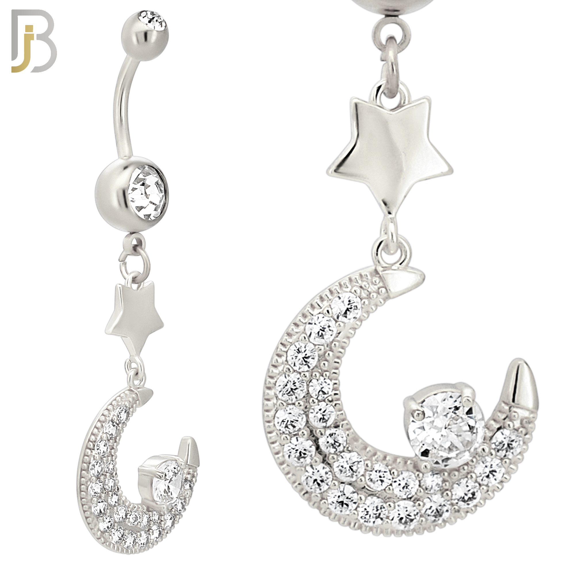 N0143 - 316L Surgical Steel Dangling Crescent Moon with Multi CZ Belly Ring image 2