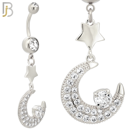 N0143 - 316L Surgical Steel Dangling Crescent Moon with Multi CZ Belly Ring image 2