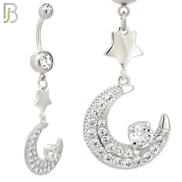 N0143 - 316L Surgical Steel Dangling Crescent Moon with Multi CZ Belly Ring image 2