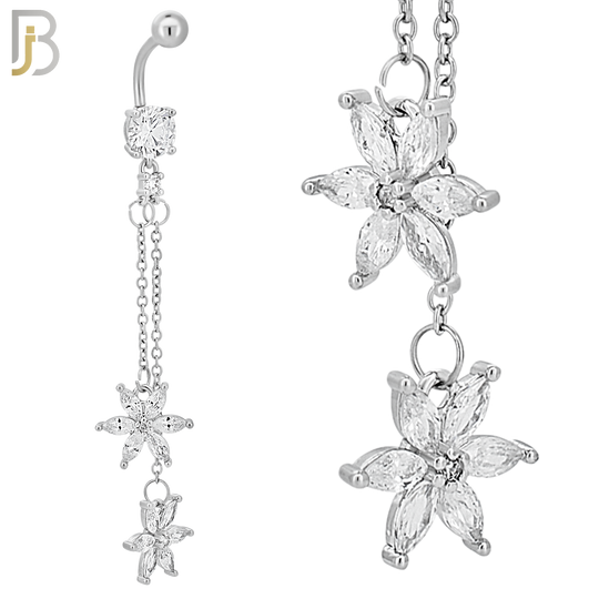 N0140 - 316L Stainless Steel Dangling Double 6 Petal Flower Drop with CZ Belly Ring and 5mm Screw Top image 0