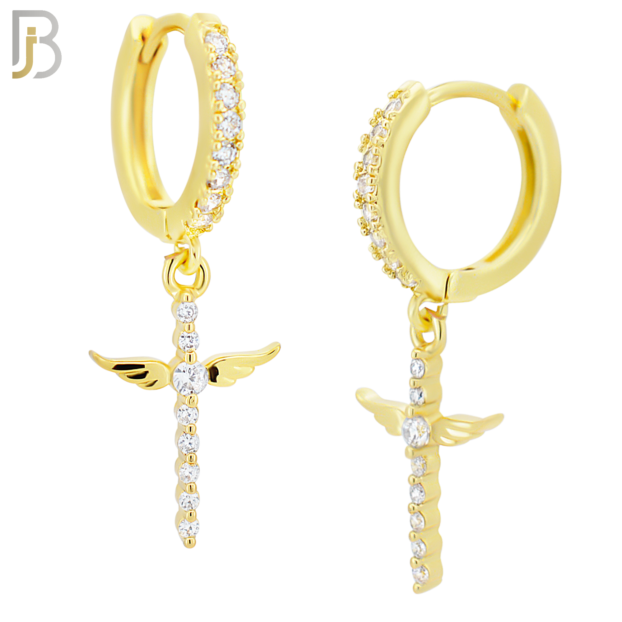ES111 - 316L Stainless Steel Dangling Angel Wing Cross with Zircon Huggies Clip On image 2