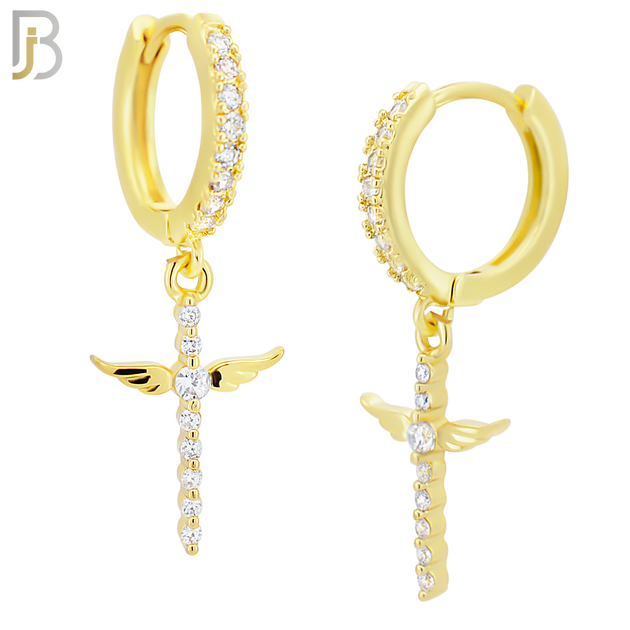 ES111 - 316L Stainless Steel Dangling Angel Wing Cross with Zircon Huggies Clip On image 2