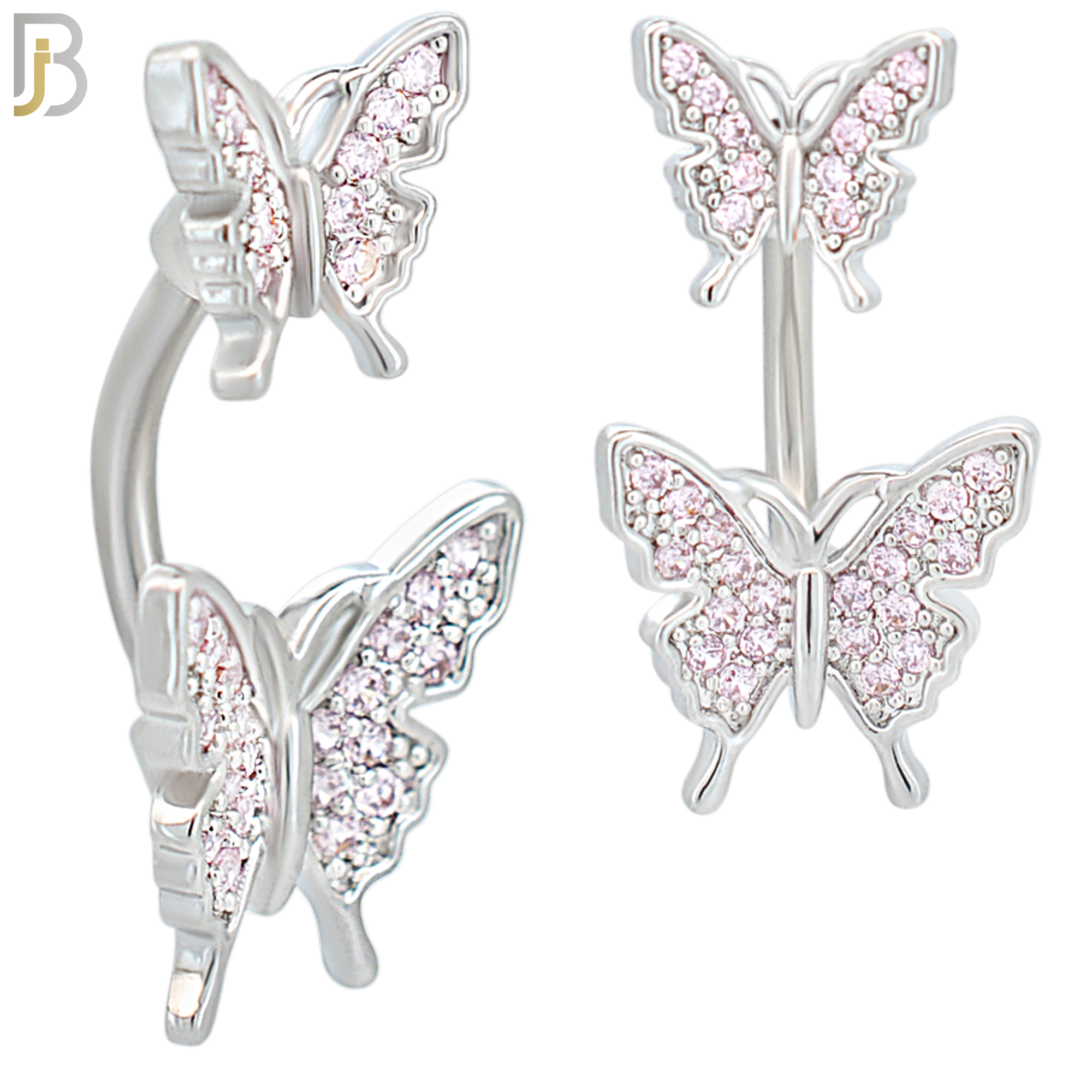 NB62 - 316L Stainless Steel Double Butterfly Banana Belly Ring with Cubic Zirconia image 4