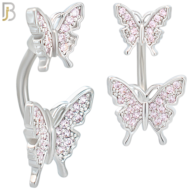 NB62 - 316L Stainless Steel Double Butterfly Banana Belly Ring with Cubic Zirconia image 4
