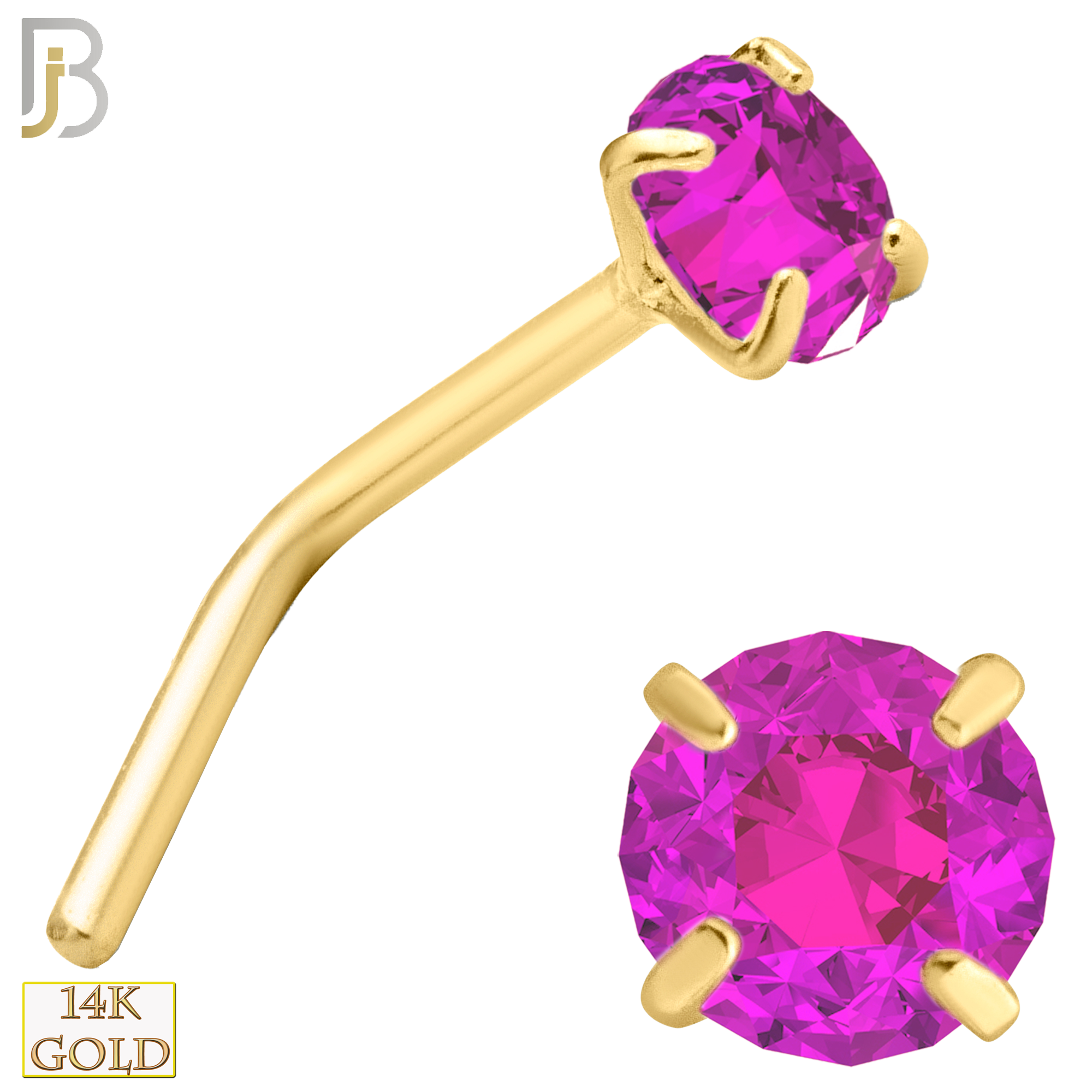 14-NR10YPS-22 -  22g - 14k Yellow Gold L-Shaped Nose Ring with Pink Sapphire in Prong Setting - 3mm image