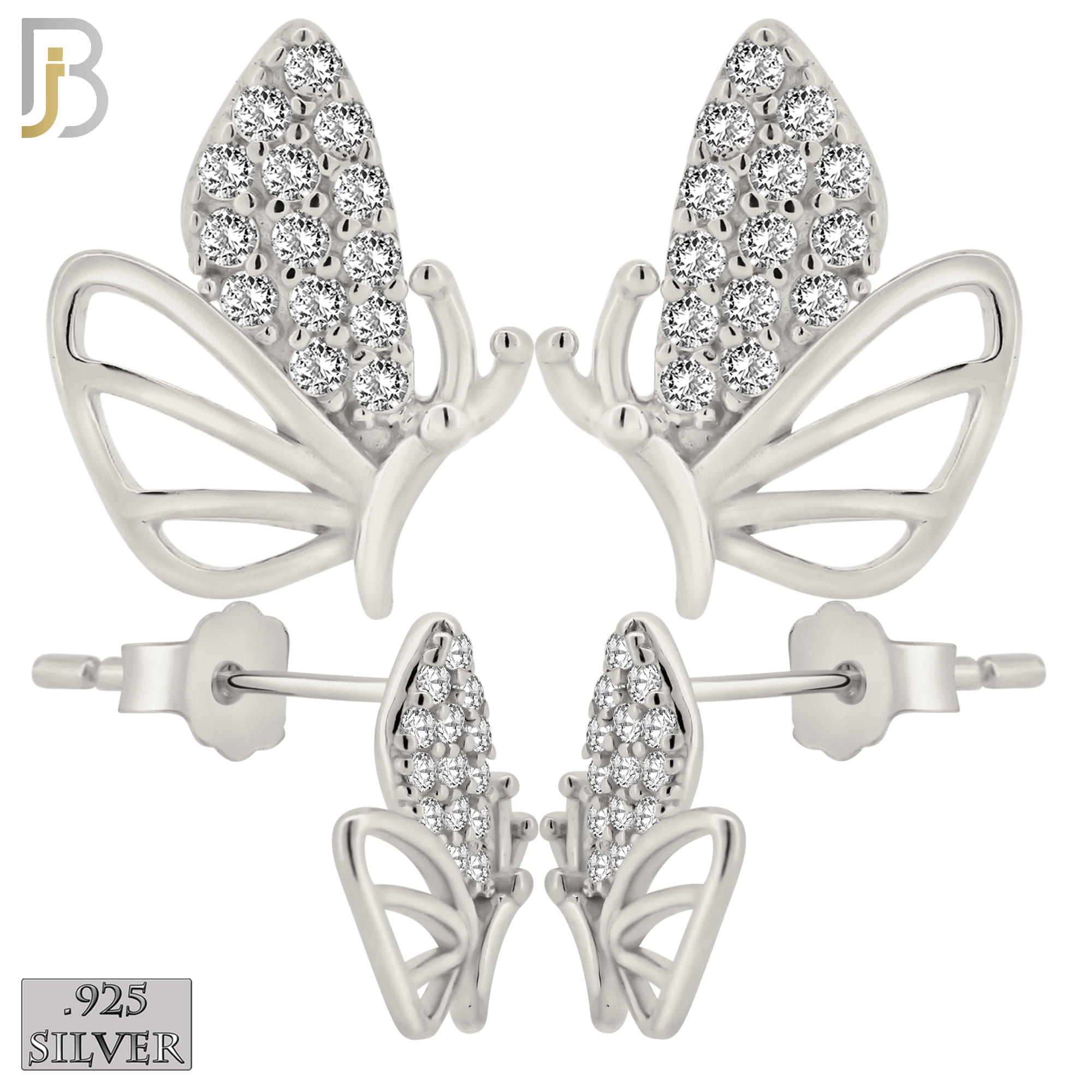 925-ES375 - .925 Sterling Silver CZ Studded Half Butterfly Stud Earrings - Rhodium Plated image