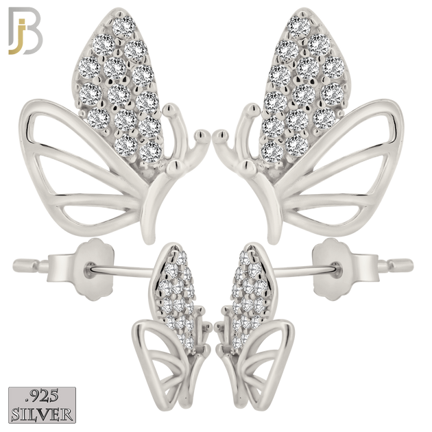 925-ES375 - .925 Sterling Silver CZ Studded Half Butterfly Stud Earrings - Rhodium Plated image