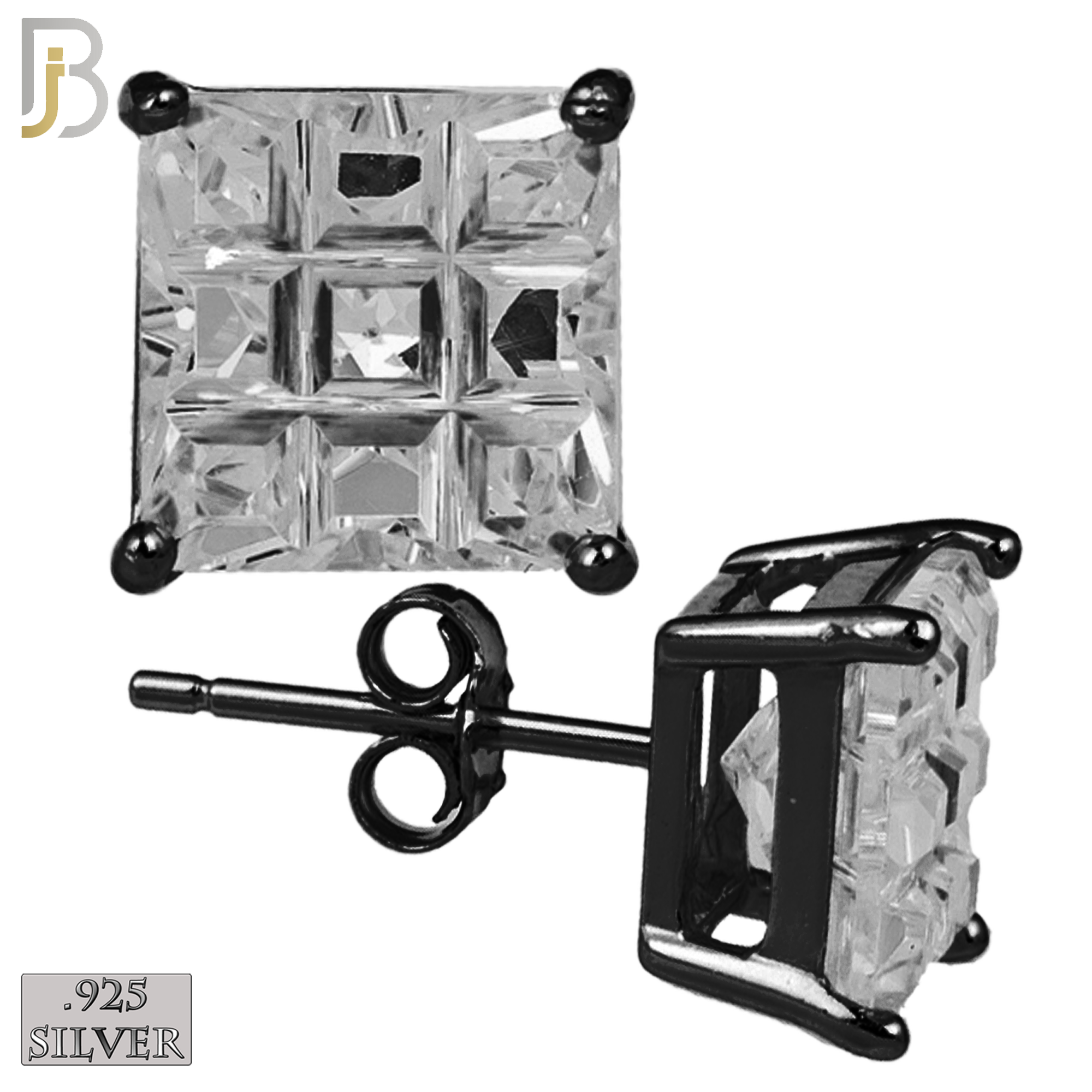925-ES74-KC - .925 Sterling Silver Black Plated Earring Stud Casting Square Princess Invisible Cut Prong Setting Clear Zircon image 0