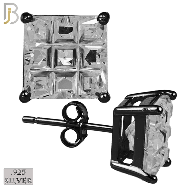 925-ES74-KC - .925 Sterling Silver Black Plated Earring Stud Casting Square Princess Invisible Cut Prong Setting Clear Zircon image 0