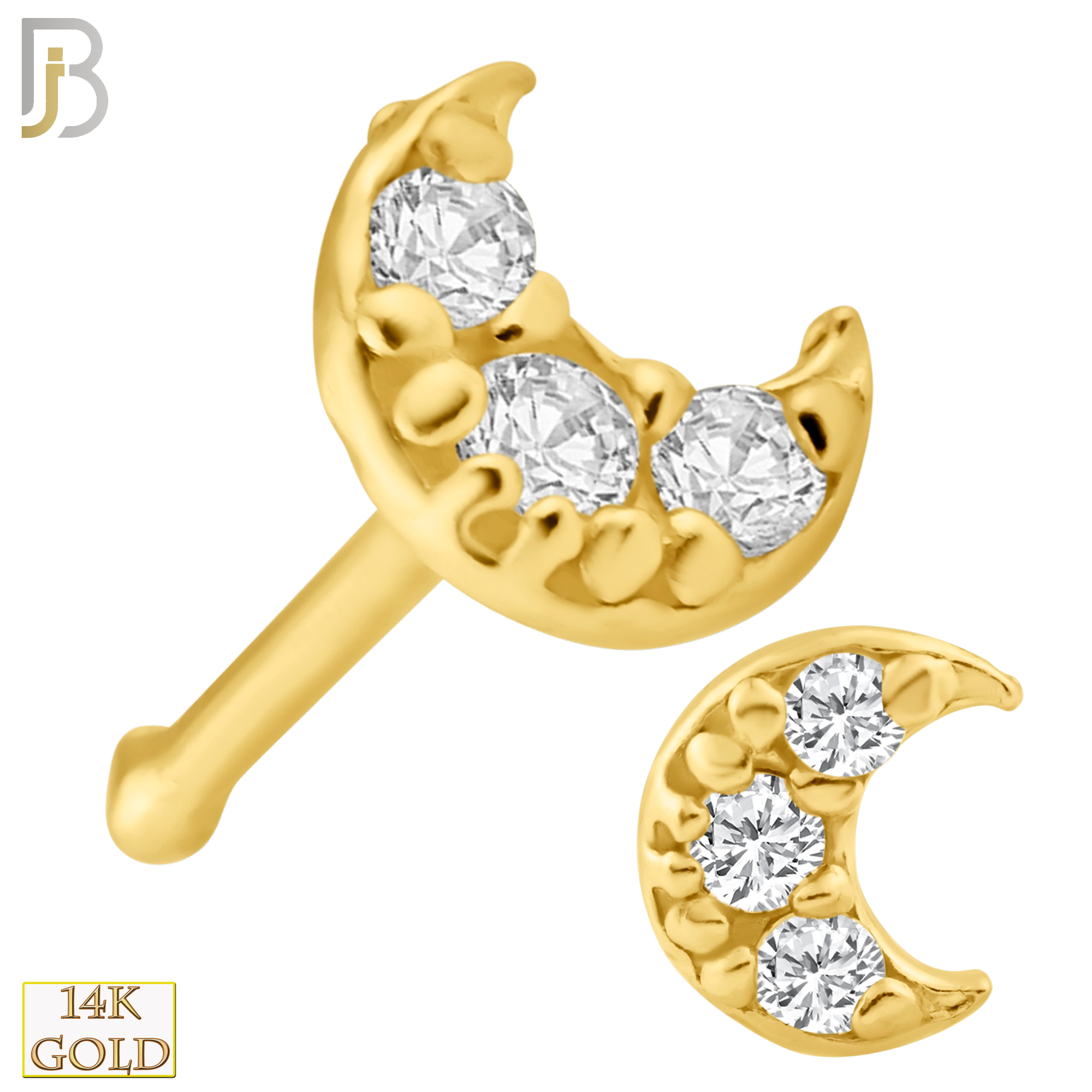 14-NR26BYC - 14k Solid Gold Nose Bone Crescent Moon Design with Three Round Clear CZ image 0