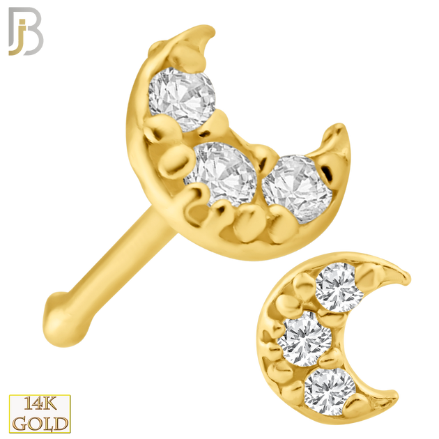 14-NR26BYC - 14k Solid Gold Nose Bone Crescent Moon Design with Three Round Clear CZ image 0