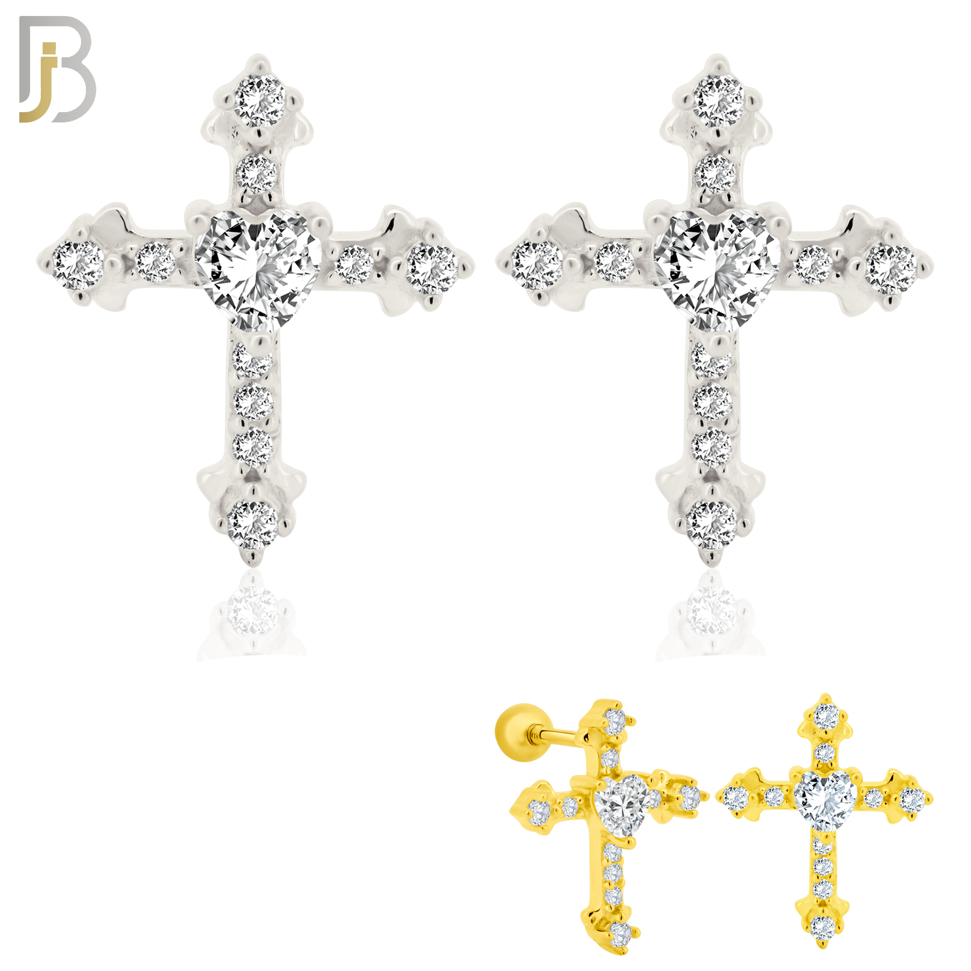 925-ES269 - Screw Ball Back - .925 Sterling Silver Cross with Prong Set Heart Shaped Zircon Center Stone Earrings Stud image 0