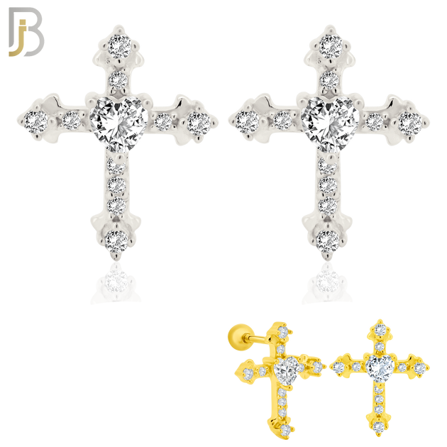 925-ES269 - Screw Ball Back - .925 Sterling Silver Cross with Prong Set Heart Shaped Zircon Center Stone Earrings Stud image 0