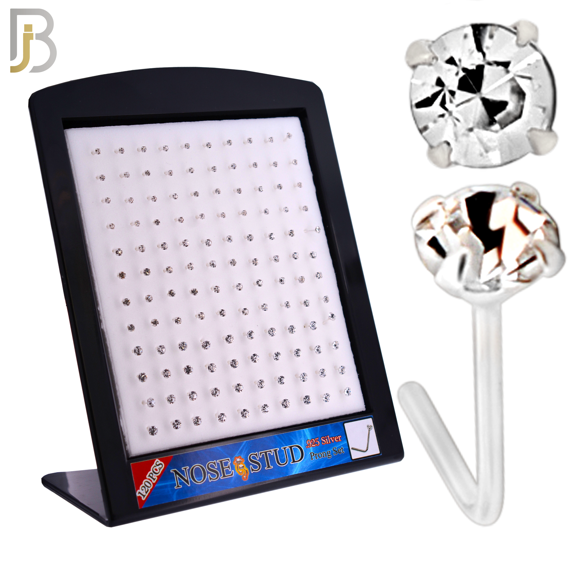 925-PK-NR10S-3C2 - Mixed of 2, 2.5, 3mm Clear CZ 22g Thickness 925 Sterling Silver Nose Studs, L-Shape Prong Set Packages Pack of 120. image 0