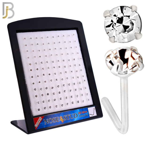 925-PK-NR10S-3C2 - Mixed of 2, 2.5, 3mm Clear CZ 22g Thickness 925 Sterling Silver Nose Studs, L-Shape Prong Set Packages Pack of 120. image 0