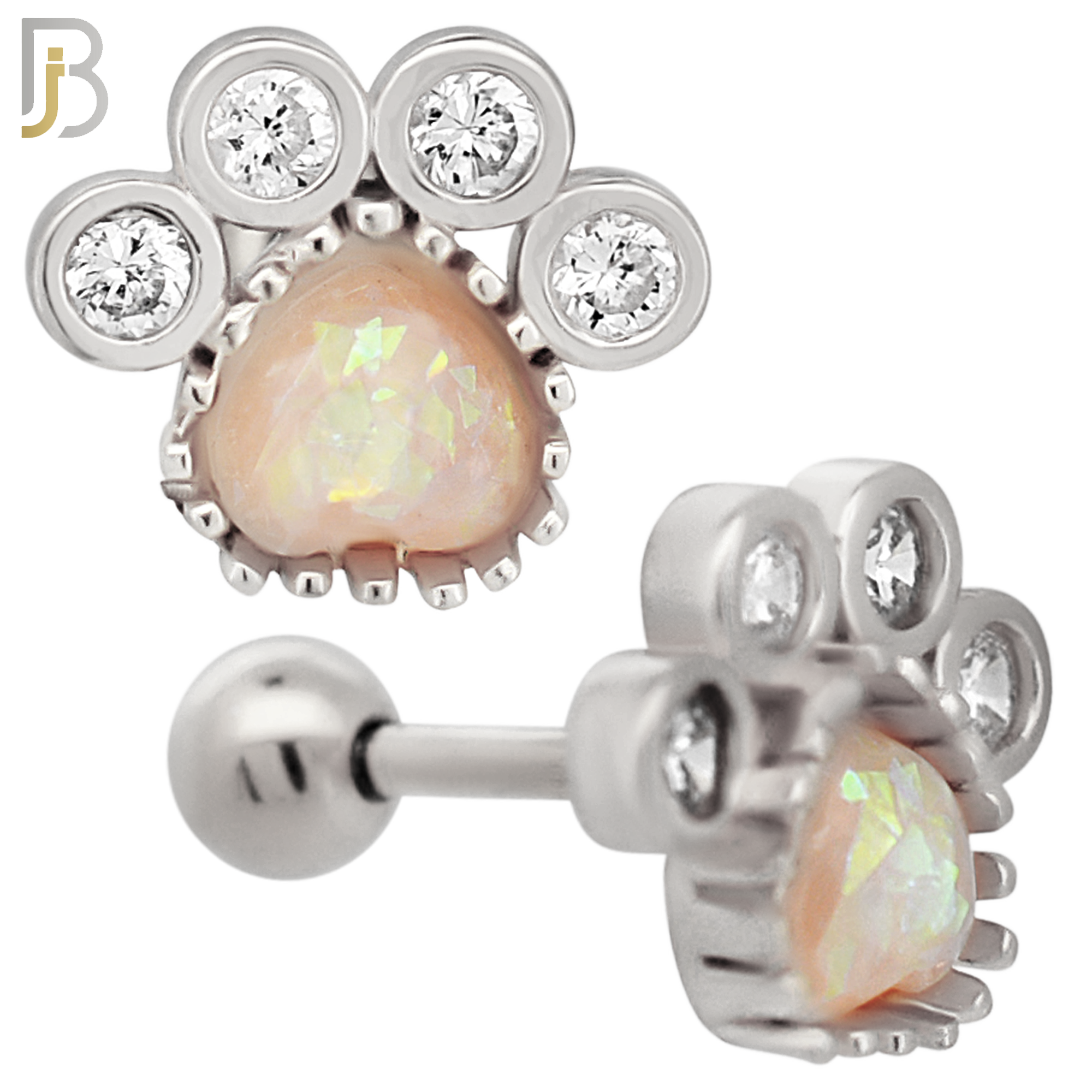 TB89 - 316L Stainless Steel Paw Print with Opalite & CZ Gems Tragus/Cartilage Barbell (PACK OF 6) image 1