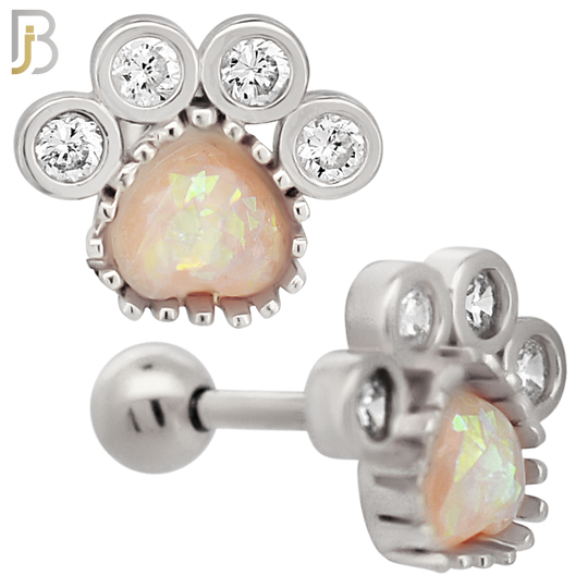 TB89 - 316L Stainless Steel Paw Print with Opalite & CZ Gems Tragus/Cartilage Barbell (PACK OF 6) image 1