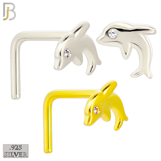 925-NR17LGSC - 925 Sterling Silver Dolphin with CZ L Shape Nose Ring (Pack of 6) - Rhodium Plated and Yellow Gold Plated image