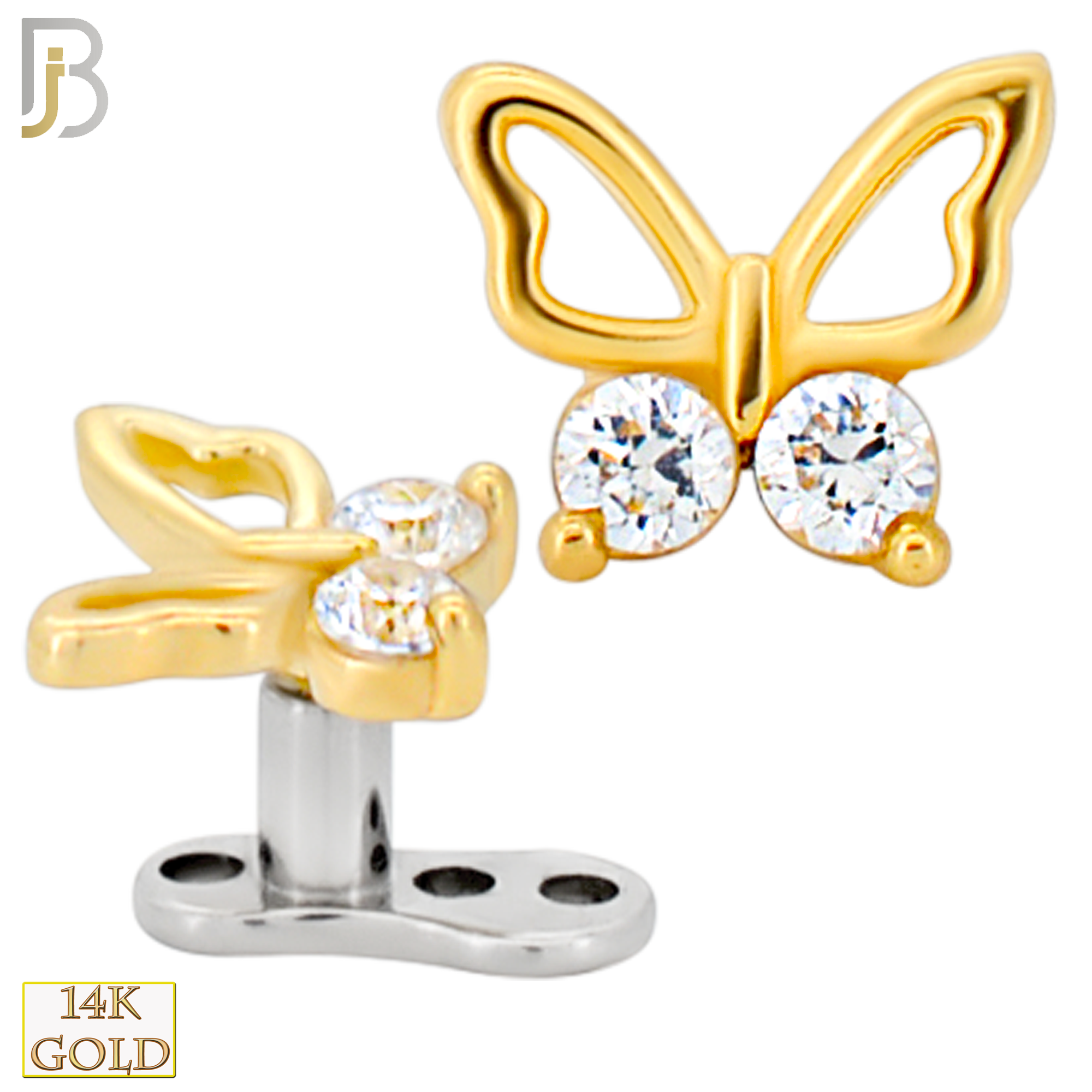 14-G23-DM15 - 14k Titanium Anchor and 14k Gold Top Butterfly with Cubic Zirconia Dermal - Internally Threaded image 0