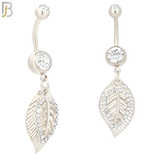 N023  - 316L Stainless Steel Dangling Leaf with Zircon Design Belly Ring with 5mm Screw Ball image 1