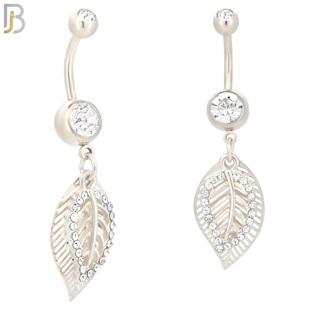 N023  - 316L Stainless Steel Dangling Leaf with Zircon Design Belly Ring with 5mm Screw Ball image 1