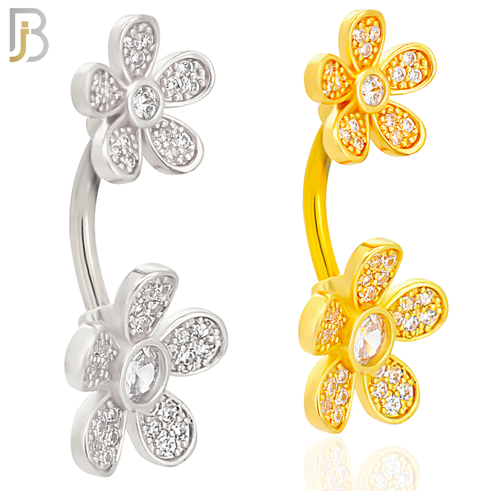 NB78 - 316L Stainless Steel Banana Belly Ring with Double Flower with Multi Cubic Zirconia image 0