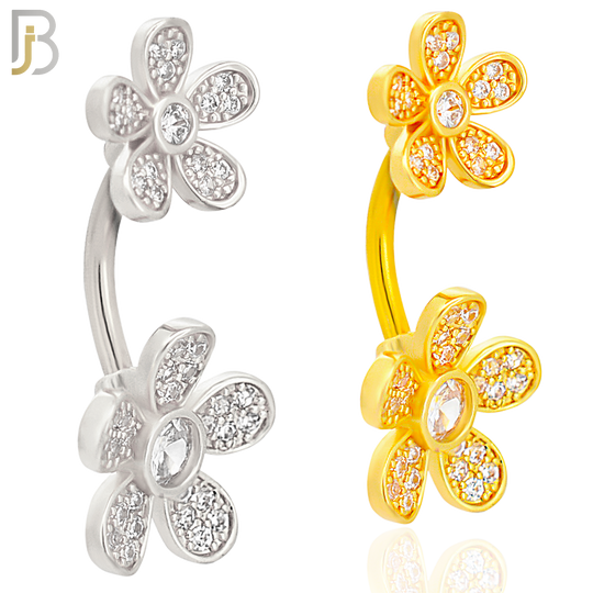 NB78 - 316L Stainless Steel Banana Belly Ring with Double Flower with Multi Cubic Zirconia image 0