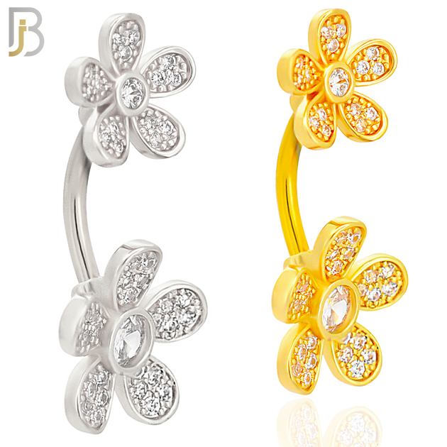 NB78 - 316L Stainless Steel Banana Belly Ring with Double Flower with Multi Cubic Zirconia image 0