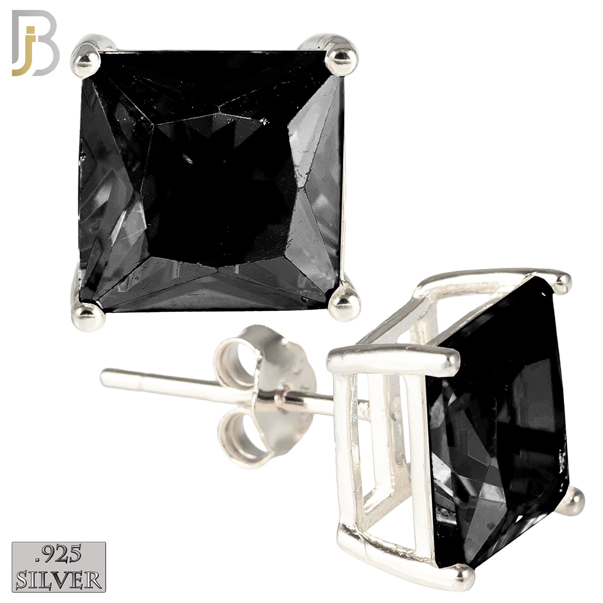 925-ES72-SK - .925 Sterling Silver Rhodium Plated Earring Stud Casting Square Princess Cut Prong Setting Black Zircon image 0