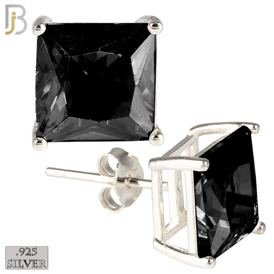 925-ES72-SK - .925 Sterling Silver Rhodium Plated Earring Stud Casting Square Princess Cut Prong Setting Black Zircon image 0