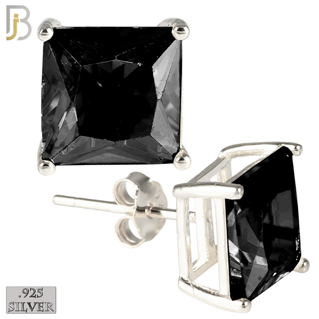 925-ES72-SK - .925 Sterling Silver Rhodium Plated Earring Stud Casting Square Princess Cut Prong Setting Black Zircon image 0