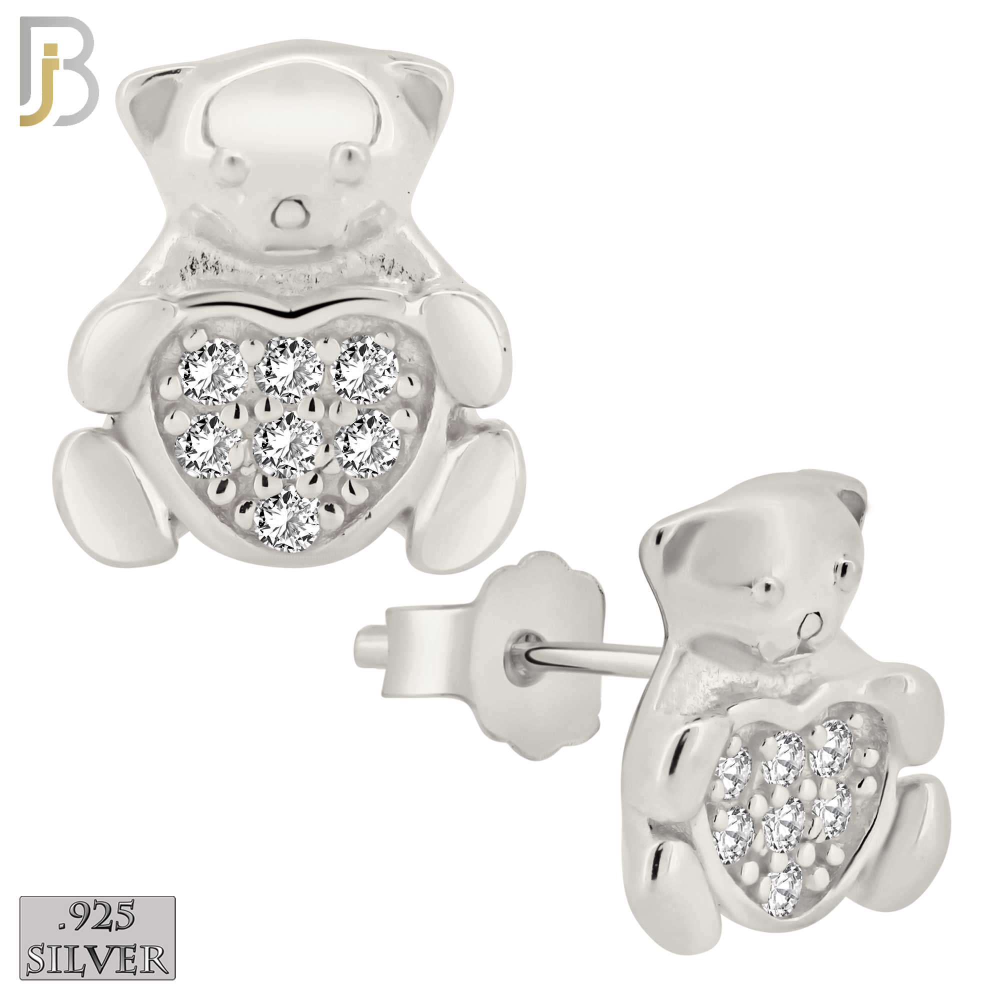 925-ES372 - Push Back -  .925 Sterling Silver Bear with Pave Heart Shaped Center Stud Earrings image 1